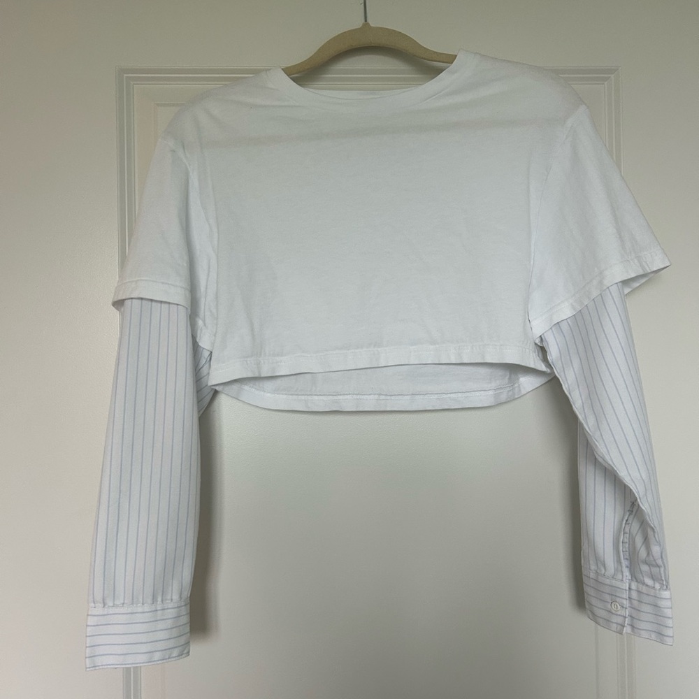 Zara White Layered-Look Crop Top with Pinstriped Sleeves